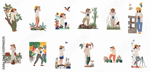 Cuadro en lienzo Set of flat vector illustrations of women birdwatching in various natural landscapes, exploring nature and observing birds with binoculars
