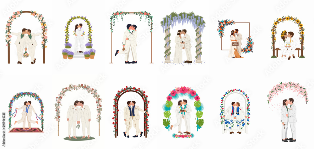 Naklejka premium Set of Gay Male Couples Getting Married Under Various Beautiful Floral Arches, Minimalist Flat Vector Illustrations Representing LGBTQ+ Love and Diversity.