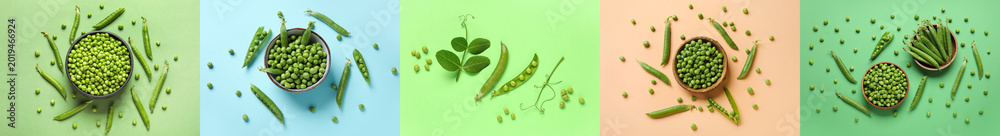 Obraz premium Set of fresh green peas on color background, top view