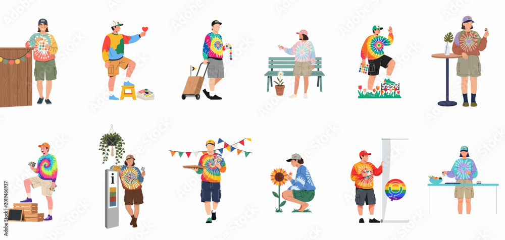 Fototapeta premium Set of flat vector illustrations featuring diverse people celebrating LGBTQ+ Pride month with rainbow-themed clothing, accessories, and promotional activities.