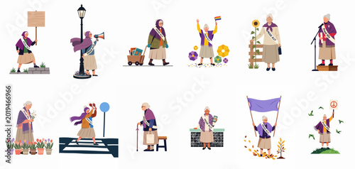 Foto Flat vector illustration set of an elderly woman as a proud ally and activist participating in various social and community activities