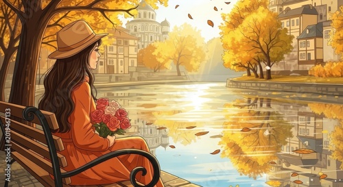 Woman sitting on a bench by a river in autumn