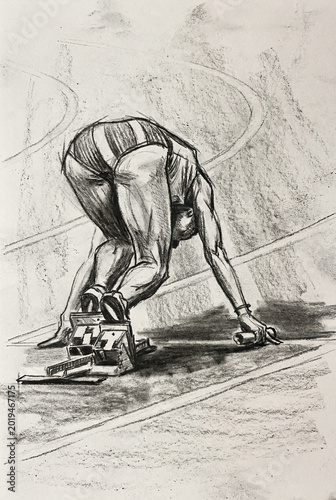 Pencil sketch of female relay sprinter in starting blocks. Focus and anticipation in athletic competition art.