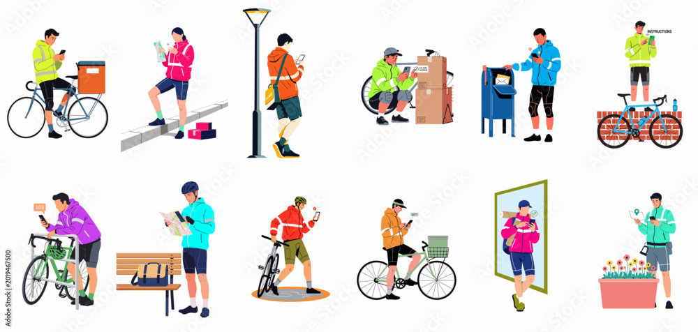 Fototapeta premium Set of illustrations showing bicycle couriers and delivery workers using mobile apps and maps for efficient urban package delivery in various city scenarios.