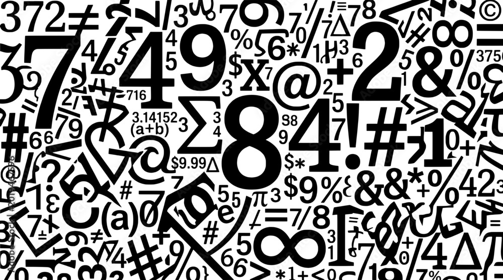 Obraz premium Number and symbol code pattern with chaotic typography, hashes, arrows, and currency signs for data and math themes