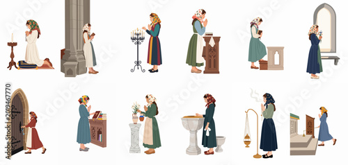 Schilderij op canvas Set of illustrations depicting women in traditional folk attire performing various religious devotions and activities inside a medieval church environment