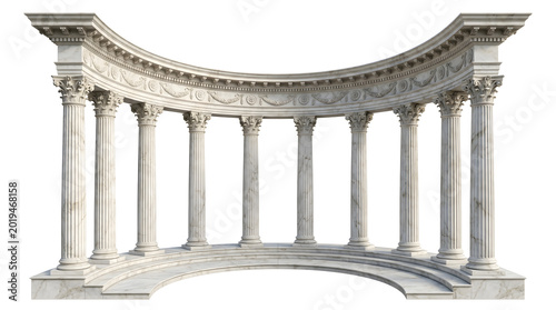 Curved Ancient Roman Colonnade with Symmetrical Marble Pillars Isolated on White Background