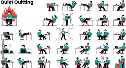 Quadro em tela Quiet quitting workplace concept collection with stressed office workers, burnou