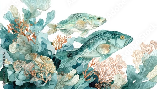 Two fish swim through a vibrant underwater coral reef with a white background