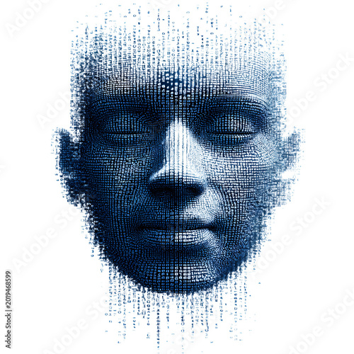 Professional Digital Human Face Concept in Blue Matrix Isolated on White Background