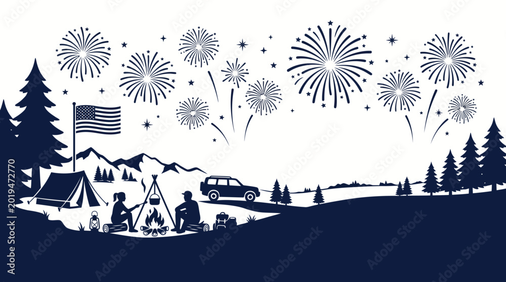 Naklejka premium Silhouette of people camping with a campfire and fireworks celebration.