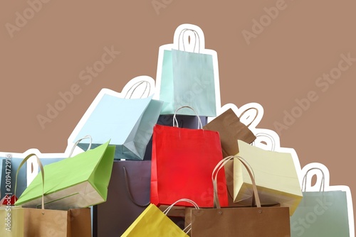 Konstfotografi Heap of many different shopping bags on brown background