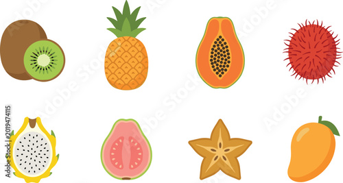 Exotic Fruit Icon Set with Kiwi, Pineapple, Papaya, Guava, and Mango for Illustrations and Food Graphics