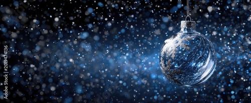 A blue Christmas ornament hangs amidst a swirling, sparkling winter snowfall