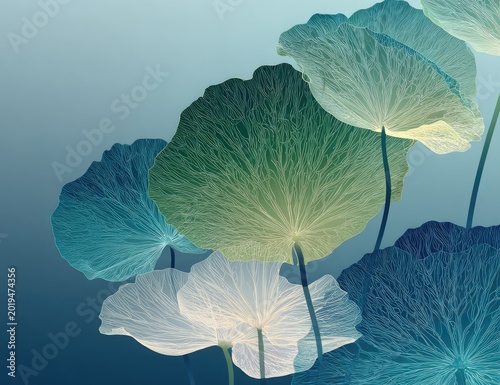 Translucent lotus leaves with intricate vein patterns against a gradient sky
