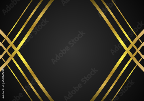 Fondo negro elegante con un marco de líneas doradas cruzadas en las esquinas que forman una figura geométrica central