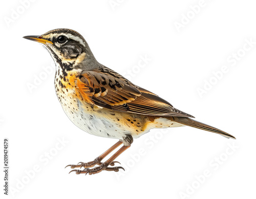 A detailed studio portrait showcases a song thrush perched against a stark black background, highlighting its intricate plumage and alert expression.