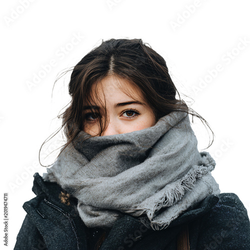 Professional Image of Woman Facing Winter Cold on White Background