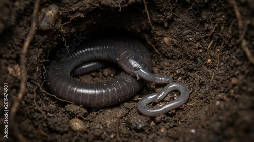 A black, segmented worm coiled in the soil, with a small, white, segmented worm emerging from the soil.