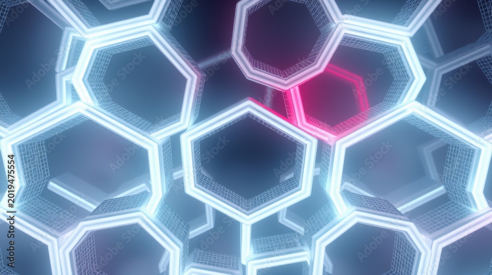 Fototapeta premium Hexagonal grid extends into distance. Blue, cyan, pink neon lights illuminate structure. Dark background creates depth. Futuristic design.