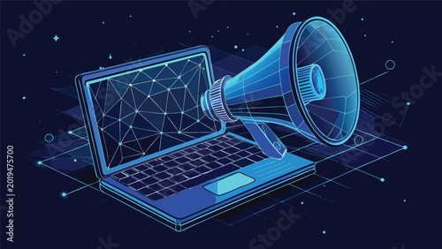 Laptop displaying network connections with a megaphone emerging during a digital broadcast concept in blue tones