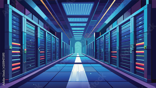 Tableau sur toile Server room hallway with rows of blinking racks in cool blue and purple lighting
