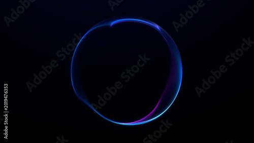 Blue purple neon orb with glowing circular energy ring on dark futuristic background, abstract digital sphere with smooth light halo and cyber depth.