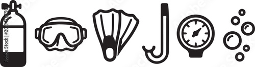 Konstfotografi Scuba diving and snorkeling equipment icon set including oxygen tank mask fins snorkel and pressure gauge