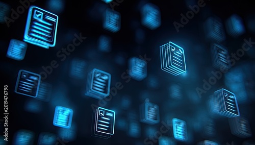 Glowing blue document icons floating in dark, abstract digital space
