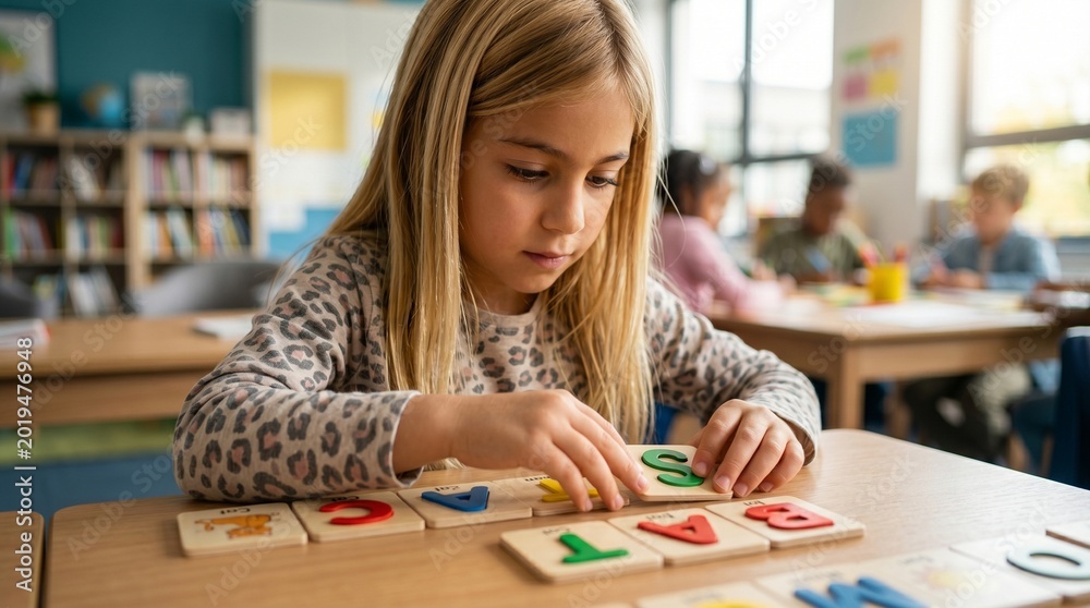 Fototapeta premium A young girl assembling alphabetic tile word puzzle pieces on a sorting grid mat.