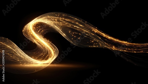 Golden luminous wisps swirl and sparkle against a dark background