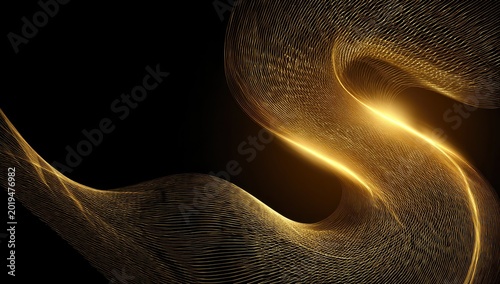 Swirling golden threads illuminated by bright light against a dark backdrop