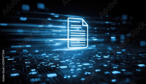 Digital document icon glows on a futuristic, glowing circuit board background