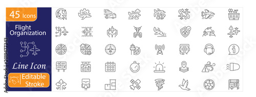 Flight Organization Icons Set, Air Travel Management, Flight Scheduling, Airport Operations, Boarding Process, Air Traffic Control, Aviation Logistics, Editable Stroke Vector Illustration.