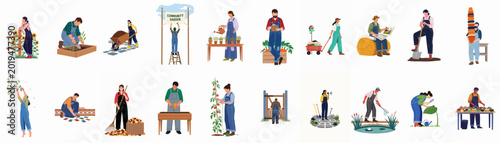 Foto Diverse people participating in community garden activities, farming, harvesting, and sustainable agriculture in a flat vector illustration style