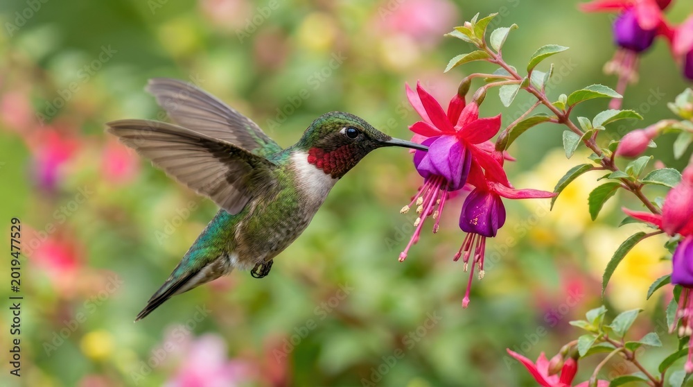 Naklejka premium A hummingbird feeds on a fuchsia flower in a vibrant garden setting.