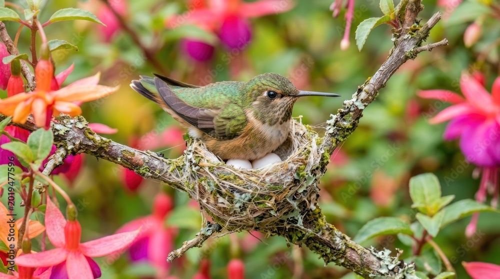 Fototapeta premium Hummingbird perched on a branch with fuchsia flowers in the background.