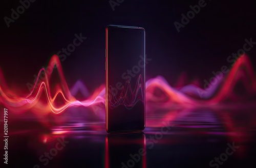 A smartphone displays a vibrant sound wave visualization against a dark, glowing background