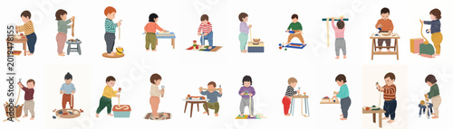 Large collection of diverse toddlers and babies engaged in educational sensory play activities with dough and tools, isolated on a white background.