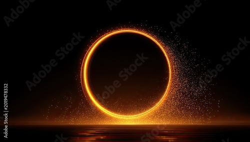 Glowing ring of fire and light particles erupting against a dark background