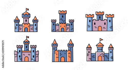 castle Line art vector set modern color shapes