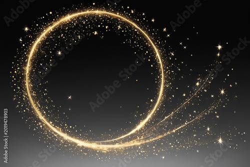 Golden sparkle ring with glittering dust trail during festive celebration on dark background