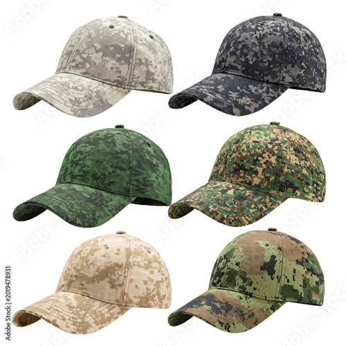 Professional Collection of Camouflage Baseball Caps on Transparent Background for Military Themes
