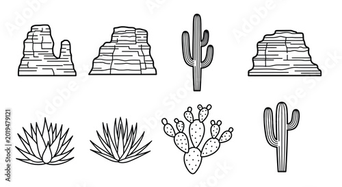 desert plants and rock formations line drawings high quality professional detailed