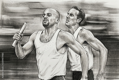 Dynamic pencil sketch of relay runners. Competition, teamwork and intensity in athletic competition art.
