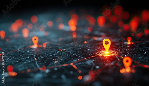 Illuminated digital map markers glow on a dark, abstract network surface