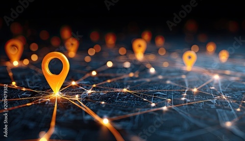 Glowing orange location pins connect across a dark, abstract digital network