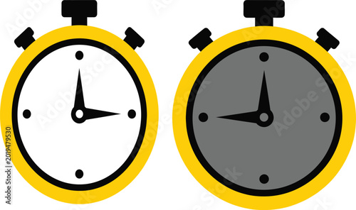 Tableau sur toile Two yellow stopwatches displaying different times isolated on white background