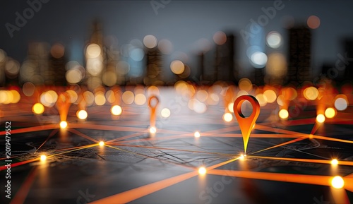 Glowing map pins connect a futuristic cityscape at night