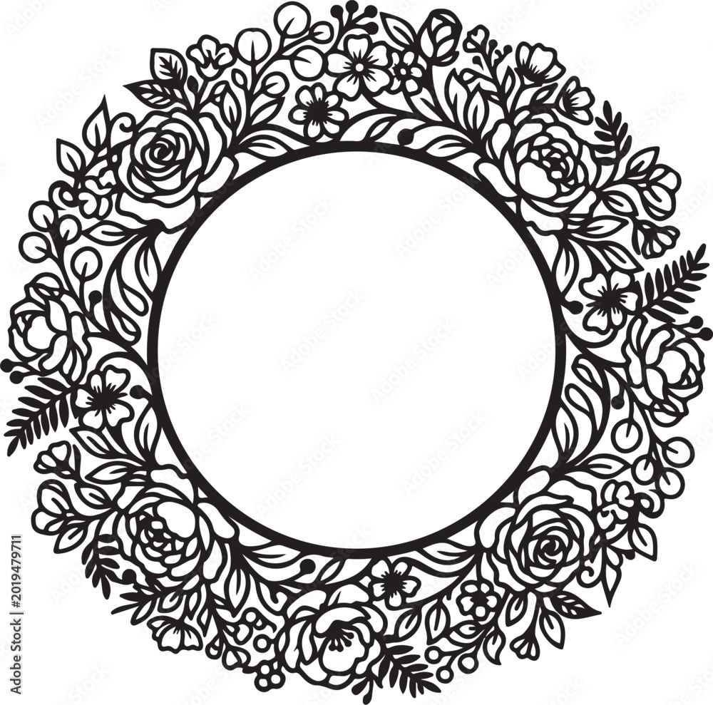 Obraz premium Floral Wreath, Black and White, Vector Illustration, Round Frame, Botanical Border
